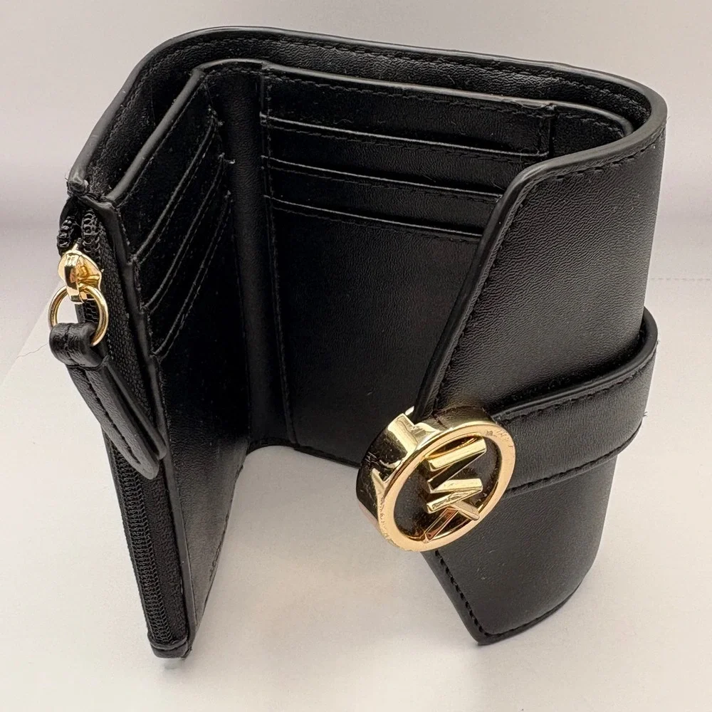 Michael Kors Black Leather Trifold Wallet Gold MK‎ Logo Medallion Snap Closure